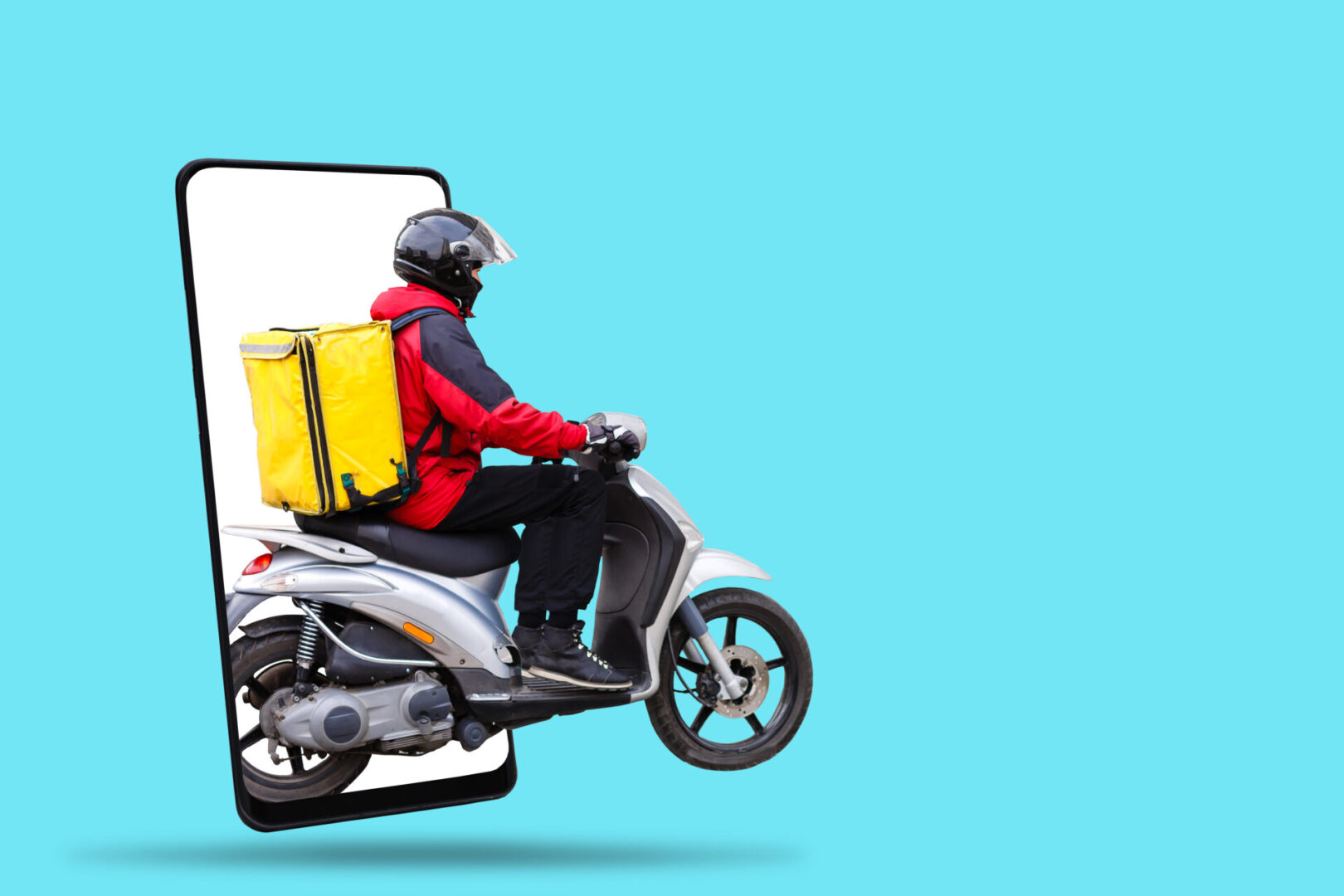 Young courier with thermo bag on color background, space for text. Food delivery service